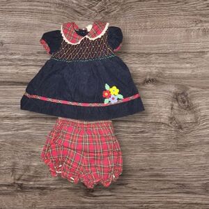 Vint~B.T. Kids~2 Pc Infant Dress,Size 3-6 Mos~Plaid~Flower Tartan,Embroidered